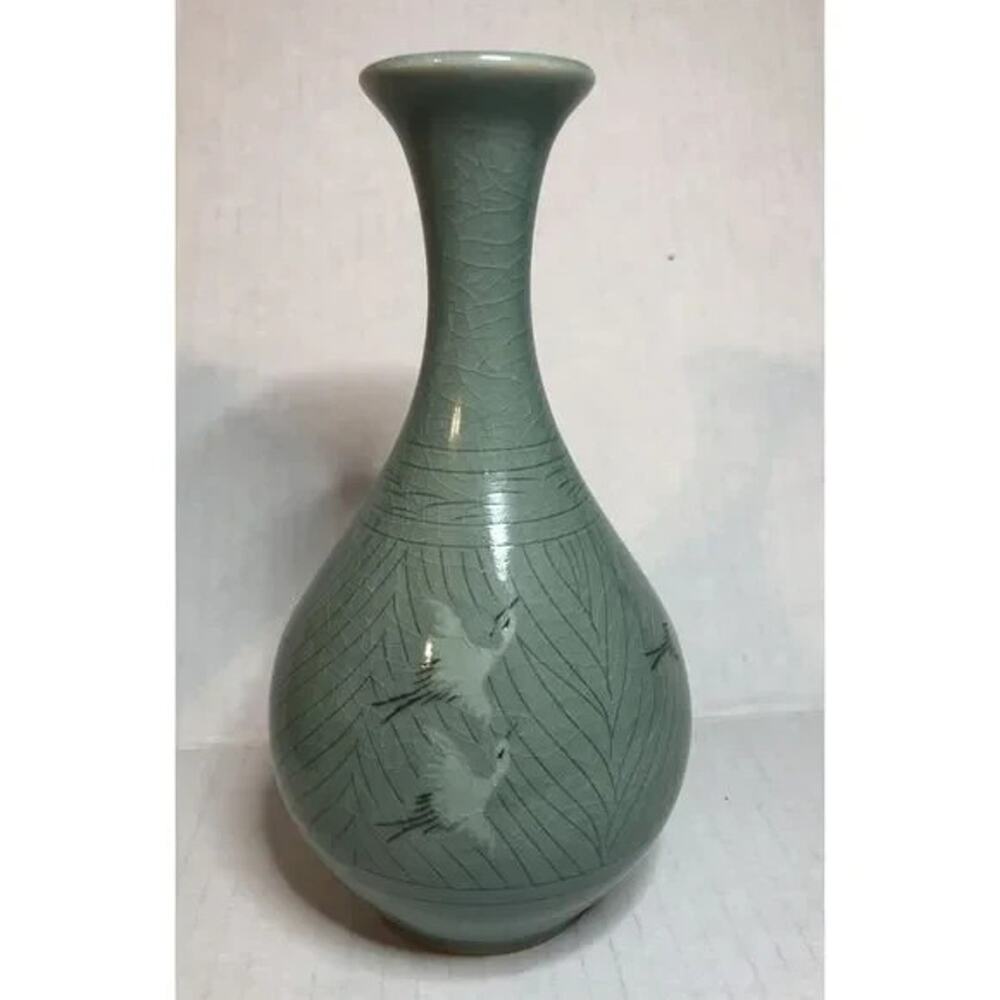 Pair Celadon Vase set Crane Crackle Glaze Decorate Green Pottery Asian Style - Picture 5 of 8